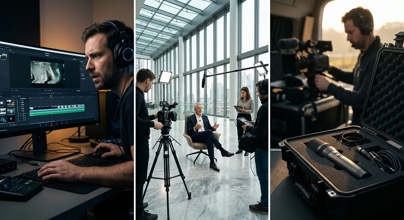 Postproduktion, Corporate-Interview und professionelles Mikrofon für einen Außendreh.