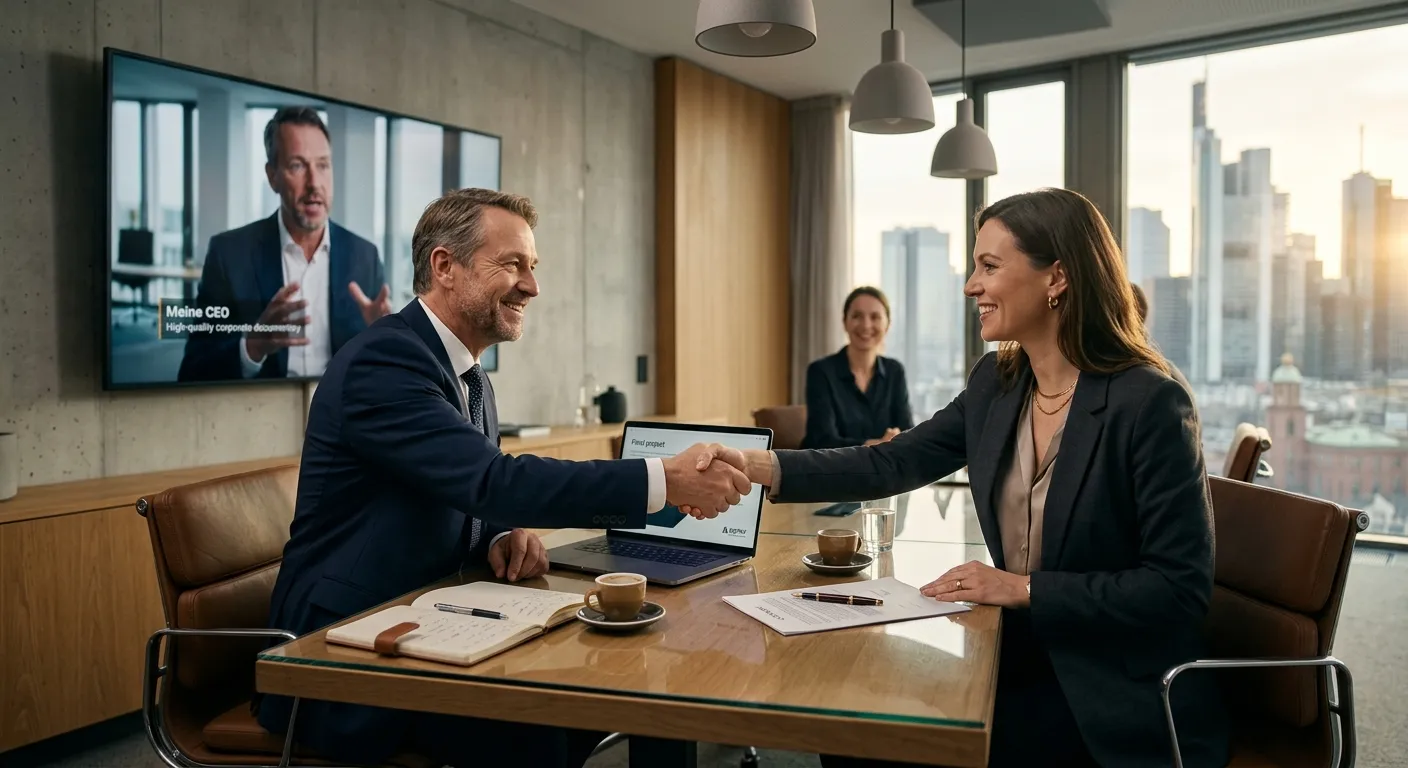 Geschäftspartner besiegeln nach einer erfolgreichen Corporate-Produktion die weitere Zusammenarbeit.