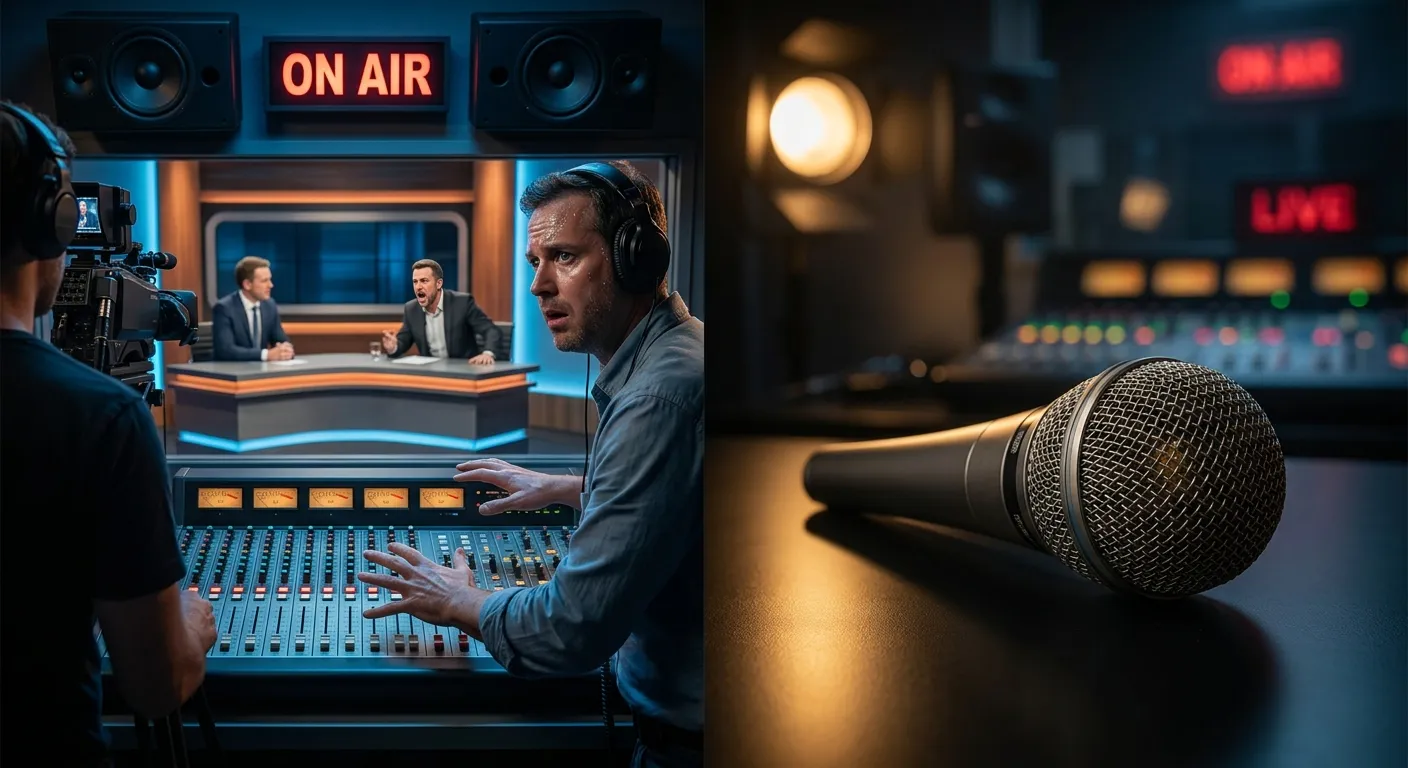 Live-Studio mit Tontechniker am Mischpult und einem Broadcast-Mikrofon im Vordergrund.