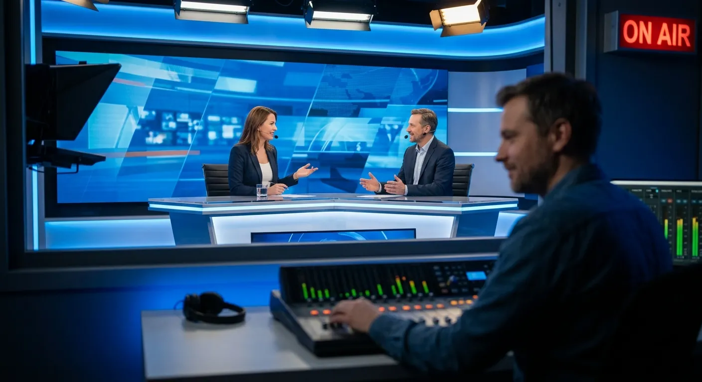 Fernsehstudio während einer Live-Sendung mit Moderatorin, Gast und Tontechniker am Mischpult.