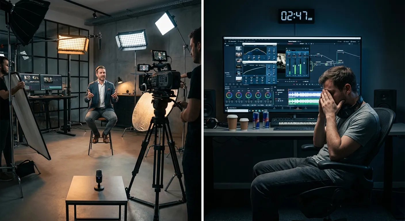 Videodreh im Studio und erschöpfter Editor während der nächtlichen Tonbearbeitung.