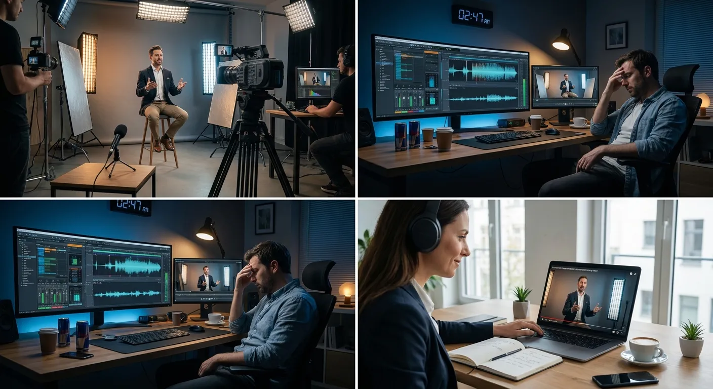 Videodreh, aufwendige Tonbearbeitung und eine Zuschauerin beim Ansehen des fertigen Beitrags.