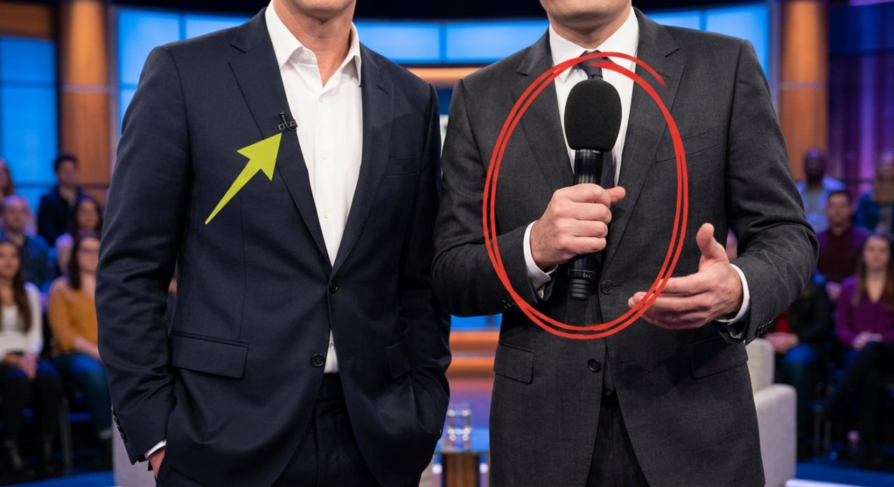 Zwei Männer in einem Fernsehstudio: einer mit Ansteckmikrofon, der andere mit einem auffällig markierten Handmikrofon.