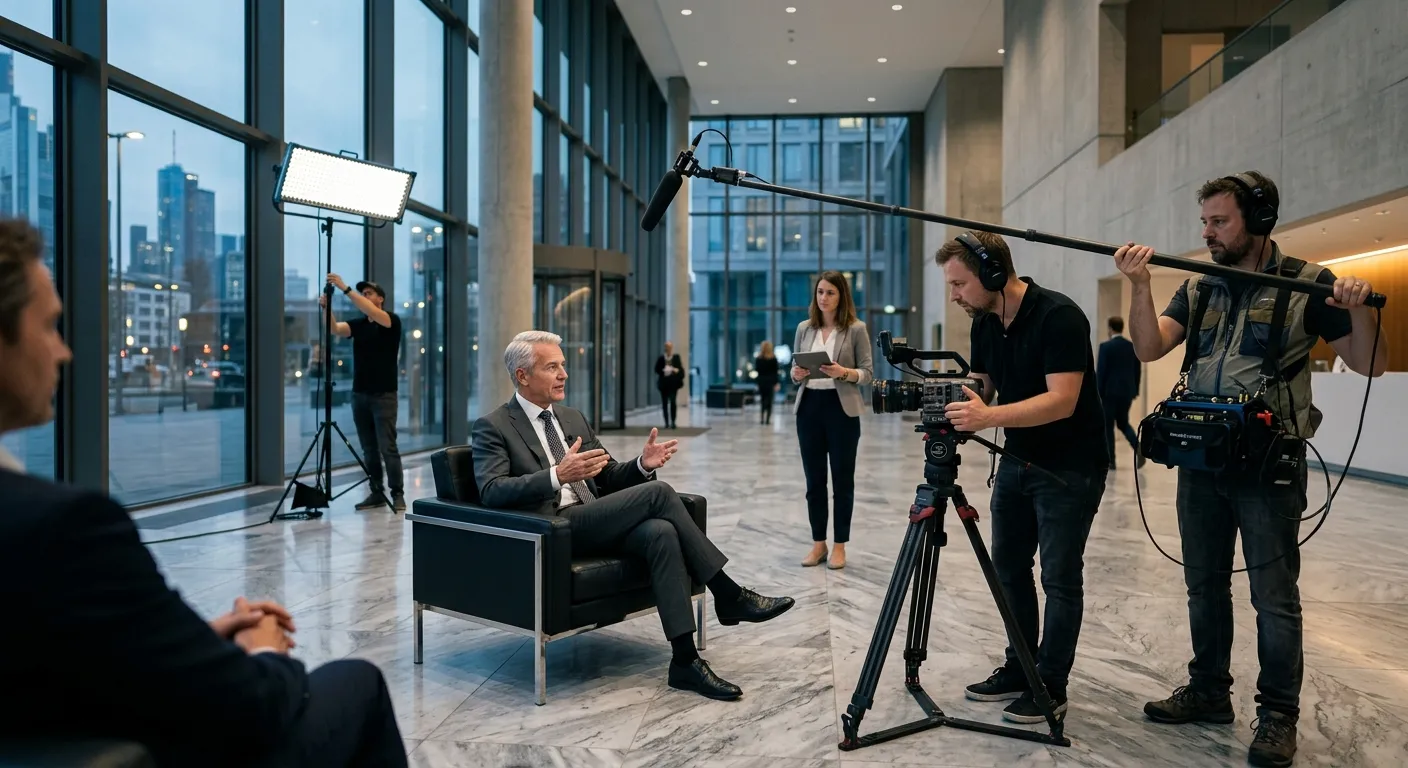 Professionelles Filmteam bei einem Interview mit einem Vorstandsvorsitzenden in einer modernen Unternehmenslobby.