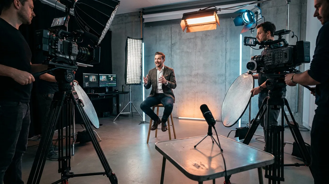 Professionelles Videostudio mit zwei Kameras, aufwendigem Licht und einem Sprecher vor der Kamera.