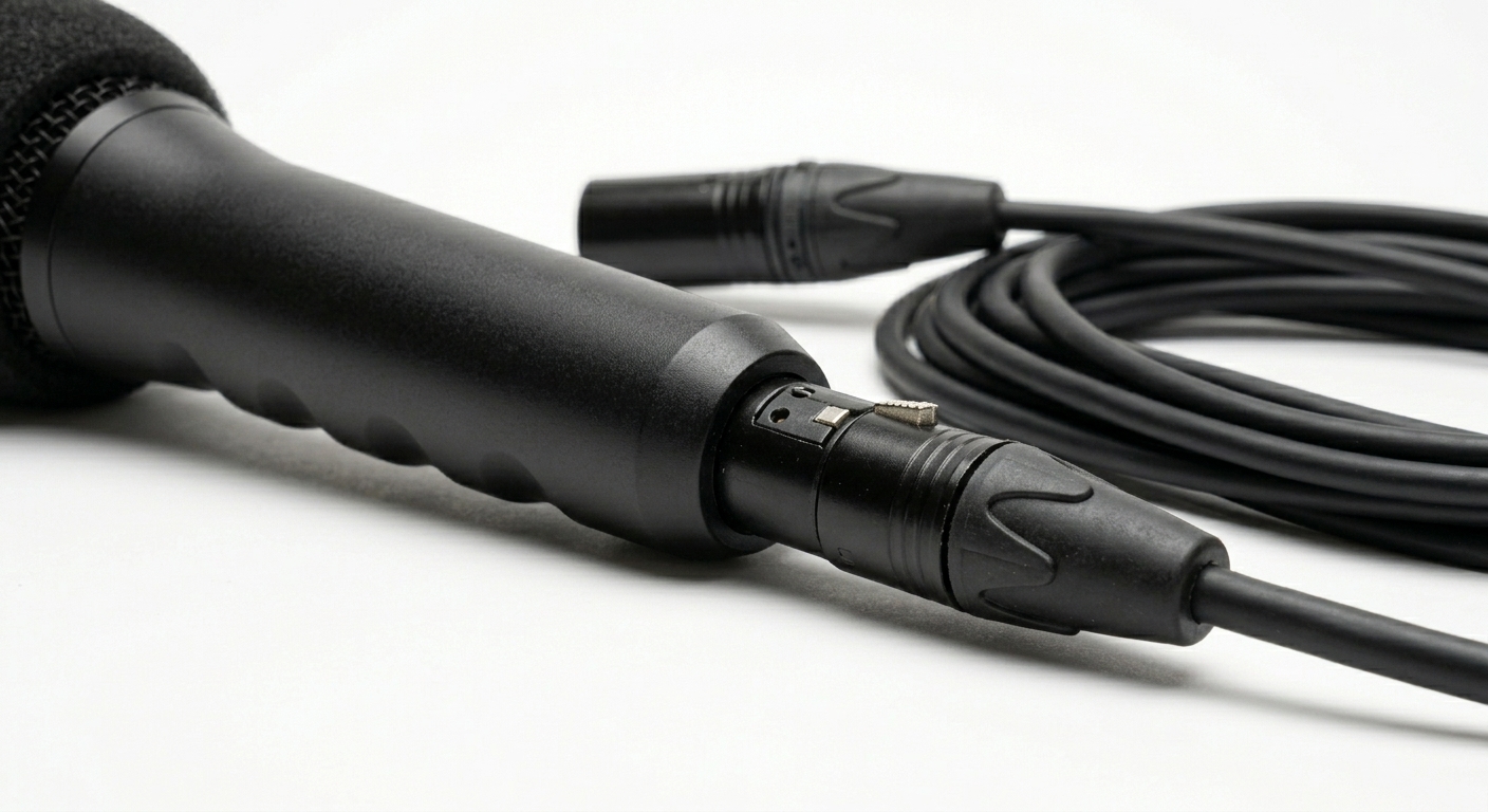 Nahaufnahme eines XLR-Steckverbinders mit aufgerolltem Kabel auf hellem Untergrund.