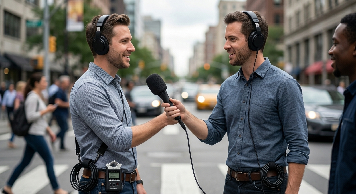 Zwei Reporter mit Kopfhörern und Aufnahmegeräten führen mit einem Handmikrofon ein Interview auf einer belebten Straße.