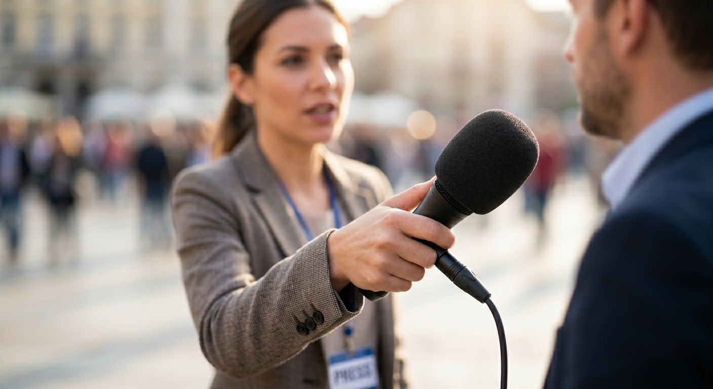 Journalistin hält ein Mikrofon mit Windschutz im passenden Abstand vor den Mund eines Interviewpartners.
