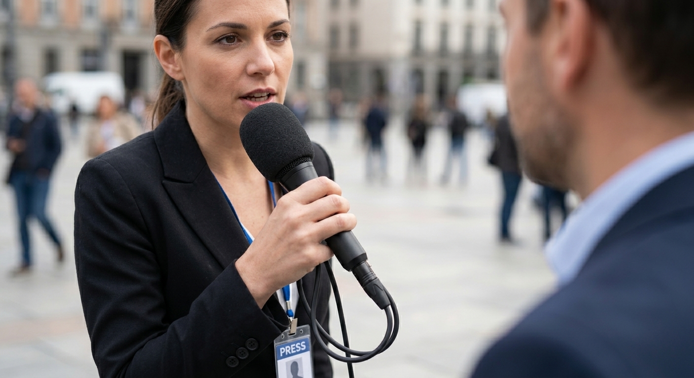 Reporterin spricht in ein Mikrofon mit Windschutz, das sie am Griffbereich hält.
