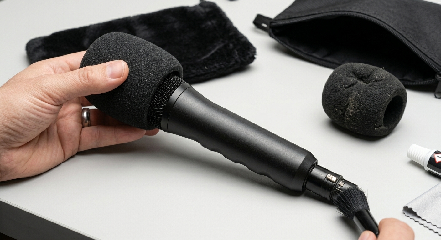 Hand reinigt ein Reportermikrofon mit Windschutz und Pinsel; im Hintergrund Reinigungszubehör und ein gebrauchter, verschlissener Windschutz.