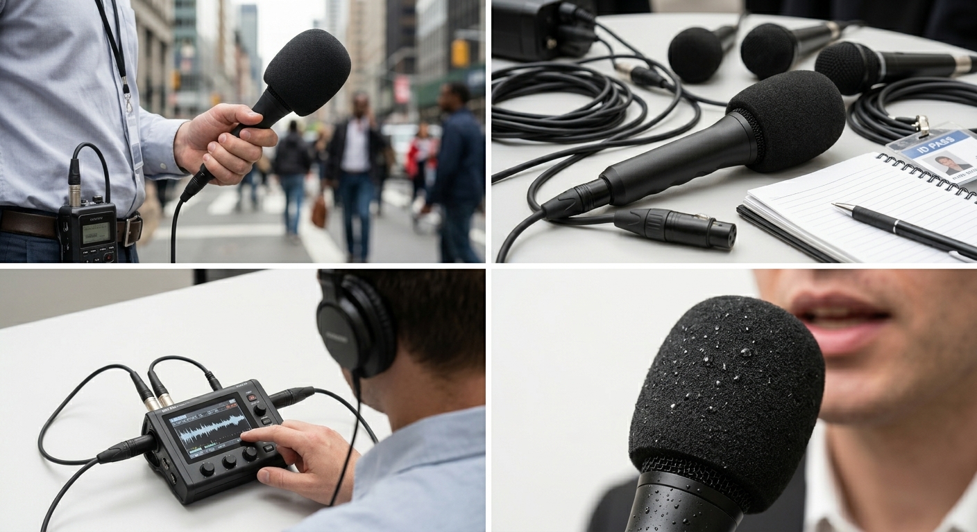 Vier Nahaufnahmen von Reporterausrüstung: Handmikrofon mit Windschutz im Straßeneinsatz, mehrere Mikrofone mit Kabeln auf einem Tisch bei einer Pressekonferenz, ein Aufnahmegerät mit Kopfhörern sowie eine Nahaufnahme eines Mikrofon-Windschutzes.